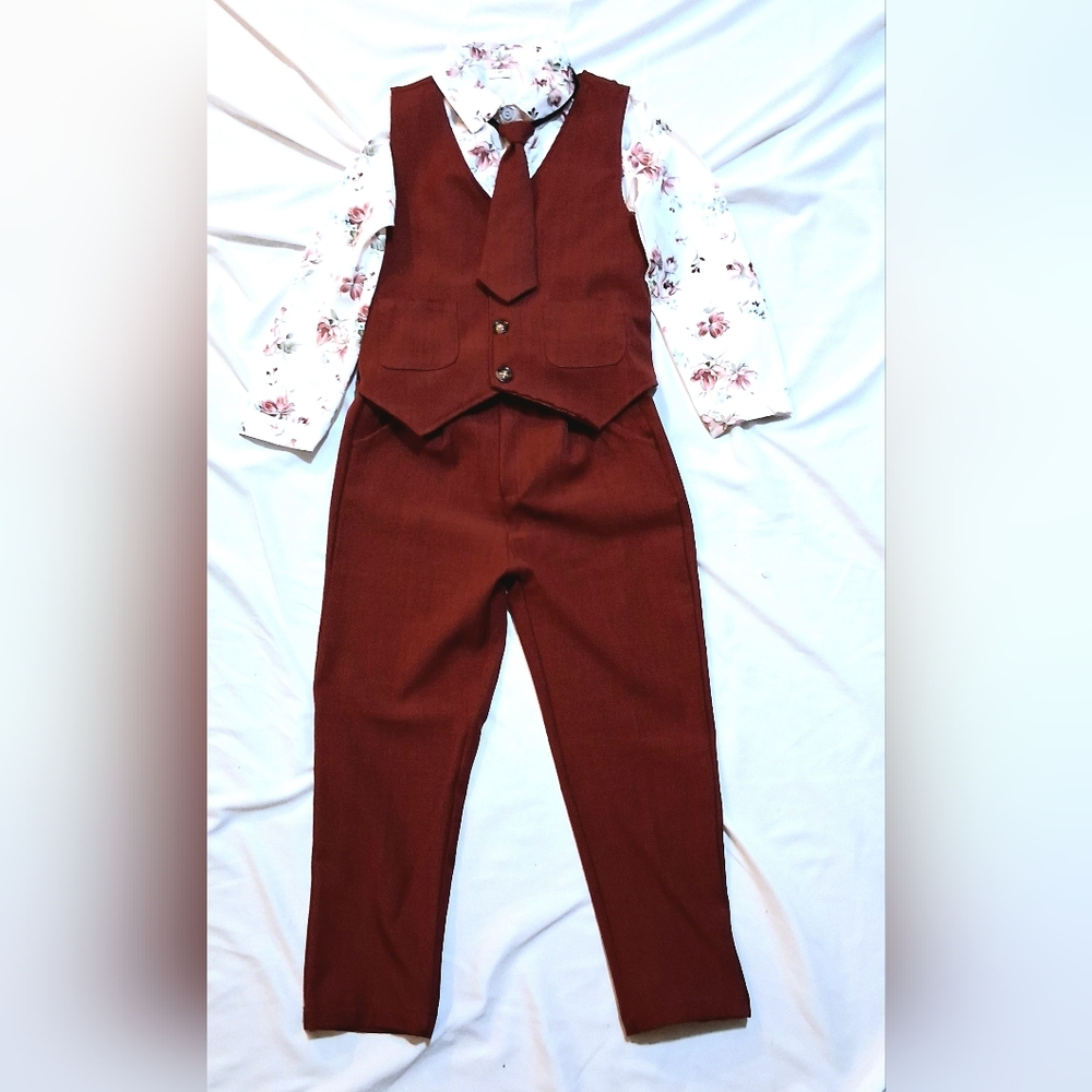 Wesidom 4 Pc Formal Burgundy Suit With Floral Print In Boys Size 6-7Y